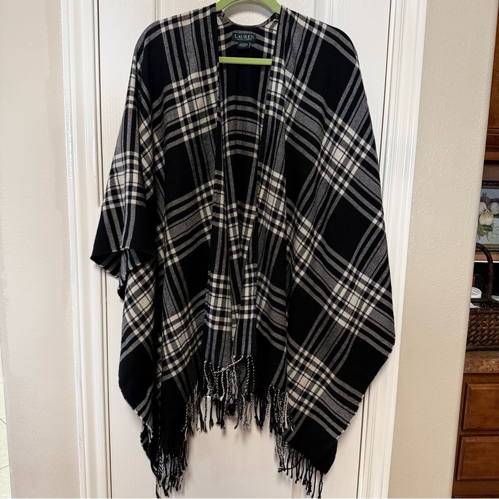 Ralph Lauren Black and White Plaid Fringe Poncho